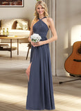 Heather A-Line V-neck Floor-Length Chiffon Bridesmaid Dress With Ruffle Split Front STAP0013112