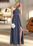 Heather A-Line V-neck Floor-Length Chiffon Bridesmaid Dress With Ruffle Split Front STAP0013112