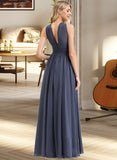 Heather A-Line V-neck Floor-Length Chiffon Bridesmaid Dress With Ruffle Split Front STAP0013112