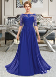 Marley A-line Off the Shoulder Floor-Length Chiffon Lace Bridesmaid Dress With Ruffle STAP0013113