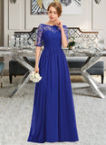 Marley A-line Off the Shoulder Floor-Length Chiffon Lace Bridesmaid Dress With Ruffle STAP0013113