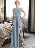 Denise A-Line Scoop Neck Floor-Length Chiffon Lace Bridesmaid Dress With Split Front STAP0013114