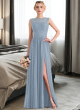 Denise A-Line Scoop Neck Floor-Length Chiffon Lace Bridesmaid Dress With Split Front STAP0013114