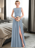 Denise A-Line Scoop Neck Floor-Length Chiffon Lace Bridesmaid Dress With Split Front STAP0013114