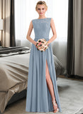 Denise A-Line Scoop Neck Floor-Length Chiffon Lace Bridesmaid Dress With Split Front STAP0013114