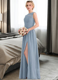 Denise A-Line Scoop Neck Floor-Length Chiffon Lace Bridesmaid Dress With Split Front STAP0013114