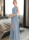 Denise A-Line Scoop Neck Floor-Length Chiffon Lace Bridesmaid Dress With Split Front STAP0013114