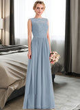 Denise A-Line Scoop Neck Floor-Length Chiffon Lace Bridesmaid Dress With Split Front STAP0013114