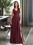 Micah A-Line V-neck Floor-Length Bridesmaid Dress With Lace STAP0013117