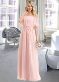 Amina A-Line Off-the-Shoulder Floor-Length Chiffon Bridesmaid Dress With Bow(s) Cascading Ruffles STAP0013121