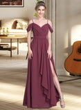 Ariel A-Line V-neck Floor-Length Chiffon Bridesmaid Dress With Bow(s) Split Front Cascading Ruffles STAP0013123