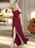 Ariel A-Line V-neck Floor-Length Chiffon Bridesmaid Dress With Bow(s) Split Front Cascading Ruffles STAP0013123