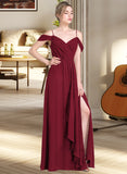 Ariel A-Line V-neck Floor-Length Chiffon Bridesmaid Dress With Bow(s) Split Front Cascading Ruffles STAP0013123