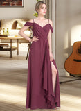 Ariel A-Line V-neck Floor-Length Chiffon Bridesmaid Dress With Bow(s) Split Front Cascading Ruffles STAP0013123