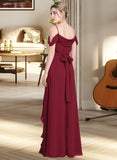 Ariel A-Line V-neck Floor-Length Chiffon Bridesmaid Dress With Bow(s) Split Front Cascading Ruffles STAP0013123