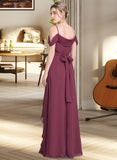 Ariel A-Line V-neck Floor-Length Chiffon Bridesmaid Dress With Bow(s) Split Front Cascading Ruffles STAP0013123