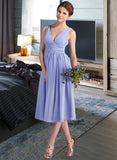 Hadley A-Line V-neck Tea-Length Chiffon Bridesmaid Dress With Ruffle STAP0013125