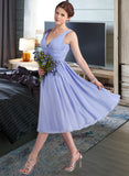 Hadley A-Line V-neck Tea-Length Chiffon Bridesmaid Dress With Ruffle STAP0013125