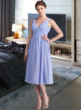 Hadley A-Line V-neck Tea-Length Chiffon Bridesmaid Dress With Ruffle STAP0013125