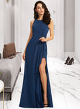 Rose A-Line Scoop Neck Floor-Length Bridesmaid Dress With Split Front STAP0013128