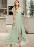 Breanna A-Line V-neck Asymmetrical Chiffon Bridesmaid Dress With Cascading Ruffles STAP0013130