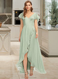 Breanna A-Line V-neck Asymmetrical Chiffon Bridesmaid Dress With Cascading Ruffles STAP0013130