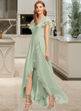 Breanna A-Line V-neck Asymmetrical Chiffon Bridesmaid Dress With Cascading Ruffles STAP0013130