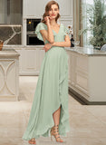 Breanna A-Line V-neck Asymmetrical Chiffon Bridesmaid Dress With Cascading Ruffles STAP0013130