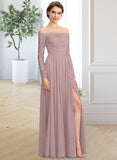 Sam A-Line Off-the-Shoulder Floor-Length Chiffon Lace Bridesmaid Dress With Split Front STAP0013131