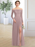 Sam A-Line Off-the-Shoulder Floor-Length Chiffon Lace Bridesmaid Dress With Split Front STAP0013131