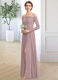 Sam A-Line Off-the-Shoulder Floor-Length Chiffon Lace Bridesmaid Dress With Split Front STAP0013131