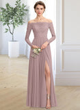 Sam A-Line Off-the-Shoulder Floor-Length Chiffon Lace Bridesmaid Dress With Split Front STAP0013131