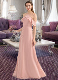 Scarlet A-Line V-neck Floor-Length Chiffon Bridesmaid Dress With Bow(s) Cascading Ruffles STAP0013134