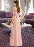 Scarlet A-Line V-neck Floor-Length Chiffon Bridesmaid Dress With Bow(s) Cascading Ruffles STAP0013134