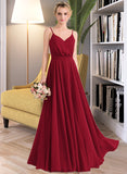 Madilyn A-Line V-neck Floor-Length Chiffon Bridesmaid Dress With Bow(s) STAP0013135