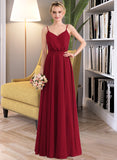 Madilyn A-Line V-neck Floor-Length Chiffon Bridesmaid Dress With Bow(s) STAP0013135