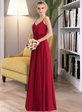 Madilyn A-Line V-neck Floor-Length Chiffon Bridesmaid Dress With Bow(s) STAP0013135