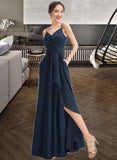 Dania A-Line V-neck Floor-Length Bridesmaid Dress With Split Front Pockets STAP0013142