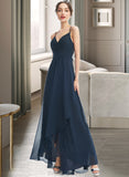 Cynthia A-Line V-neck Asymmetrical Bridesmaid Dress With Lace Bow(s) STAP0013143