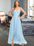 Novia A-Line V-neck Asymmetrical Chiffon Bridesmaid Dress With Cascading Ruffles STAP0013145