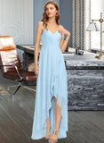 Novia A-Line V-neck Asymmetrical Chiffon Bridesmaid Dress With Cascading Ruffles STAP0013145