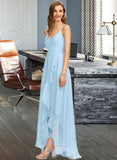 Novia A-Line V-neck Asymmetrical Chiffon Bridesmaid Dress With Cascading Ruffles STAP0013145