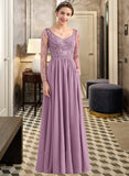 Mallory A-Line V-neck Floor-Length Chiffon Lace Bridesmaid Dress With Beading Pockets STAP0013147