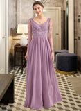 Mallory A-Line V-neck Floor-Length Chiffon Lace Bridesmaid Dress With Beading Pockets STAP0013147