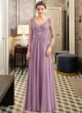 Mallory A-Line V-neck Floor-Length Chiffon Lace Bridesmaid Dress With Beading Pockets STAP0013147