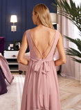 LuLu A-Line V-neck Floor-Length Bridesmaid Dress With Ruffle Bow(s) STAP0013148