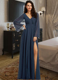 Millicent A-Line V-neck Floor-Length Bridesmaid Dress With Split Front STAP0013158