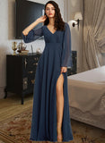 Millicent A-Line V-neck Floor-Length Bridesmaid Dress With Split Front STAP0013158