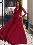 Chaya A-Line V-neck Floor-Length Chiffon Bridesmaid Dress With Lace STAP0013160