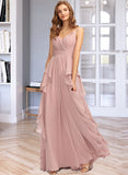 Neveah A-Line V-neck Floor-Length Chiffon Bridesmaid Dress With Ruffle Cascading Ruffles STAP0013161